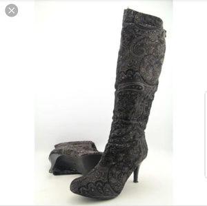 Diba tilda velvet gold paisley brocade knee boots